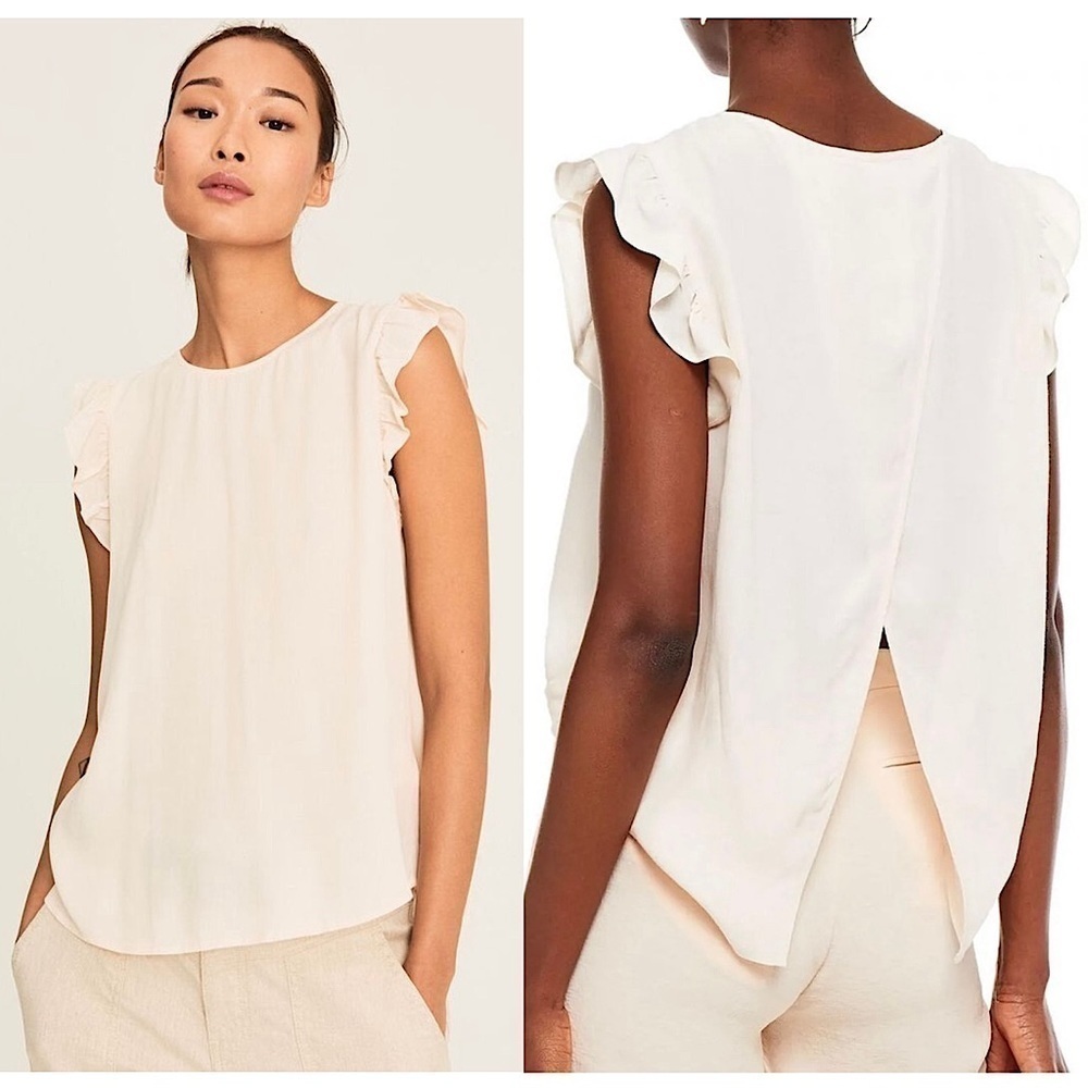 BA&SH Ivory Crepe Ruffle Shoulder Sleeveless Crossover V-Back Babydoll Top L